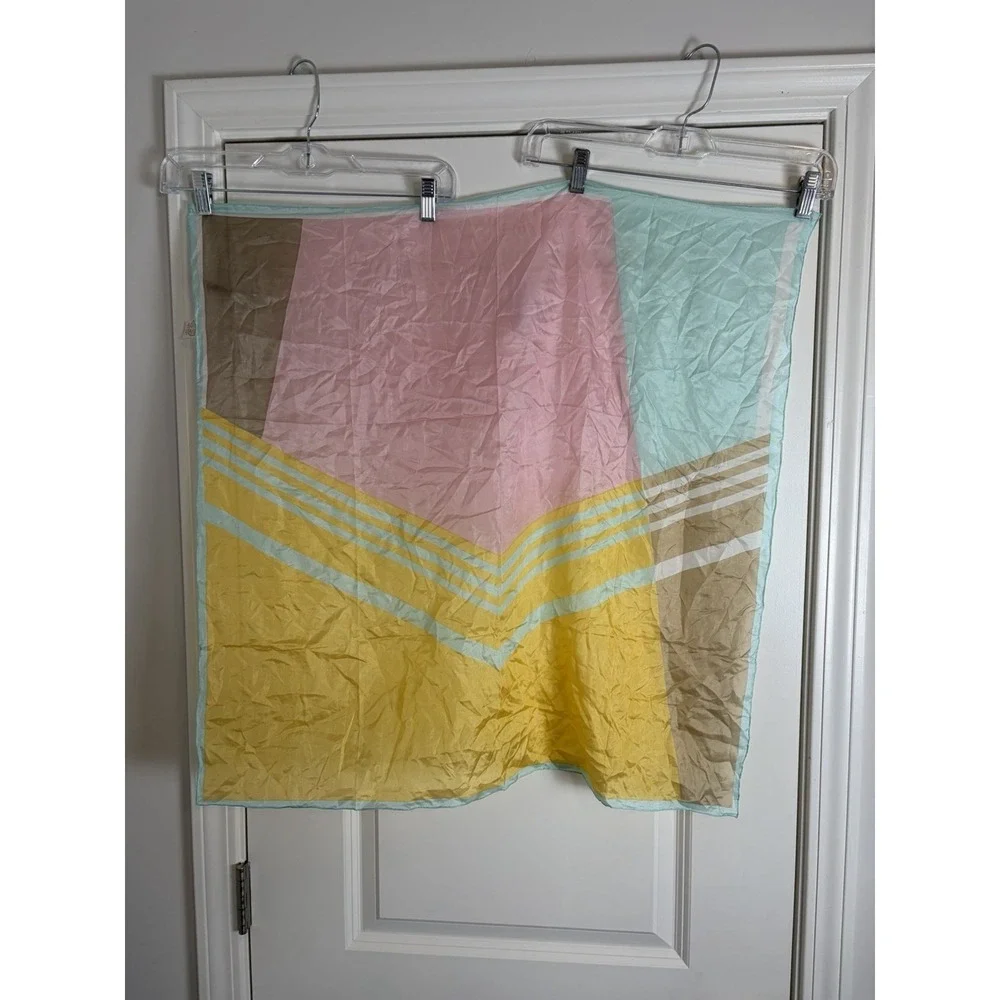 Vtg Happiness Pure Silk Large Square Geometric Pastel & Yellow Scarf Wrap 29x28